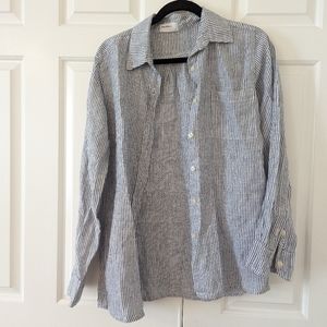 Allen allen Women's 100% Linen Navy/White Striped Long Sleeve Top Shirt button s